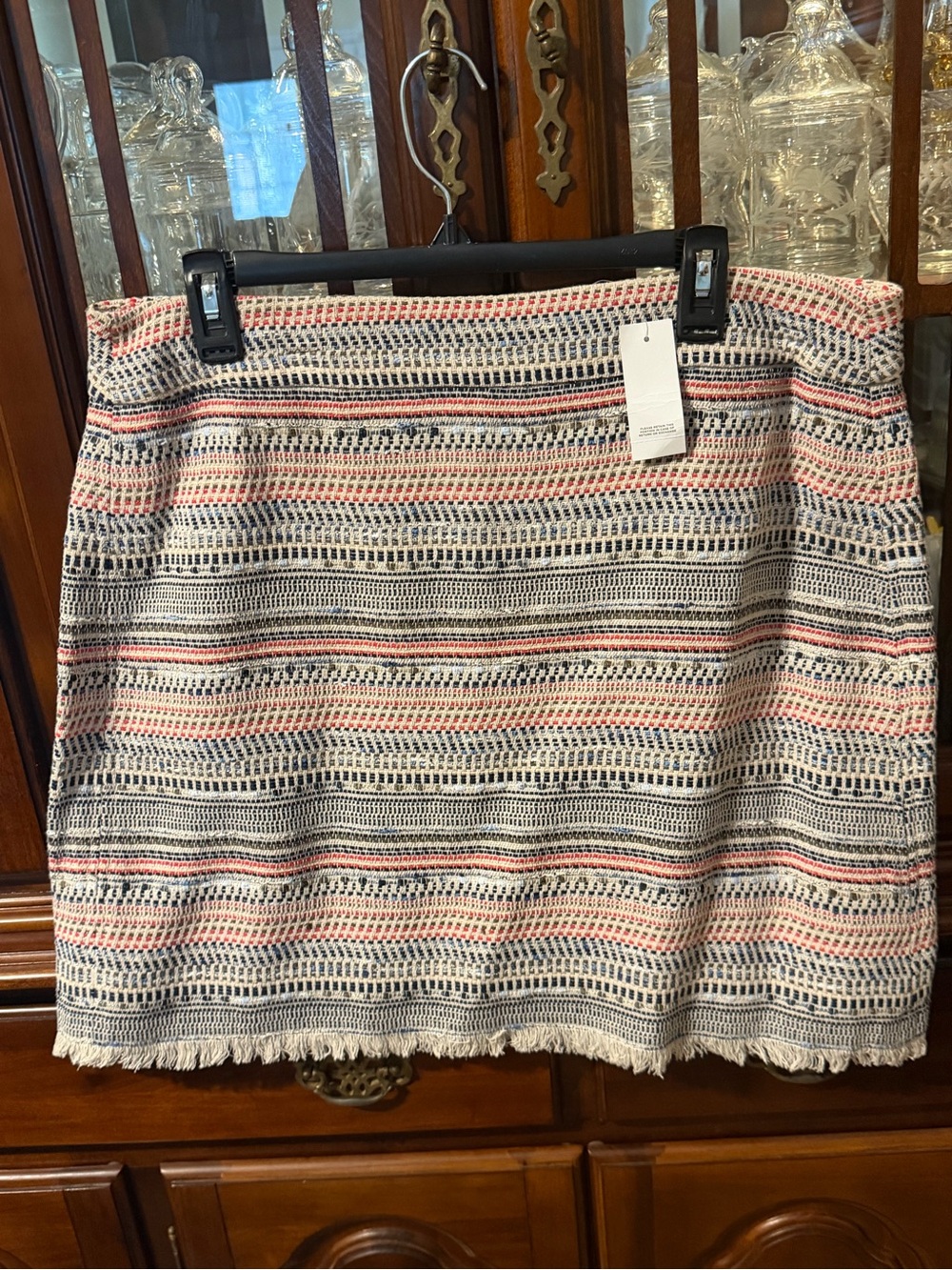 Loft Woven Stripe Fringe Hem Skirt - Orange Navy White